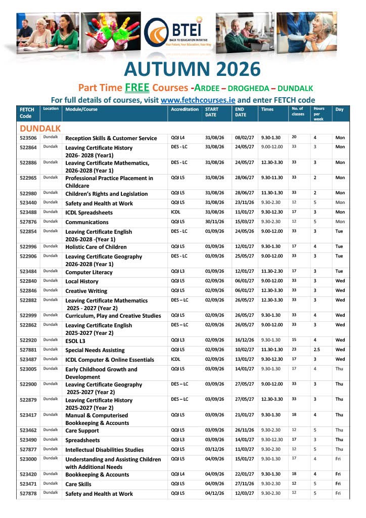 BTEI Autumn 2026 Courses Dundalk