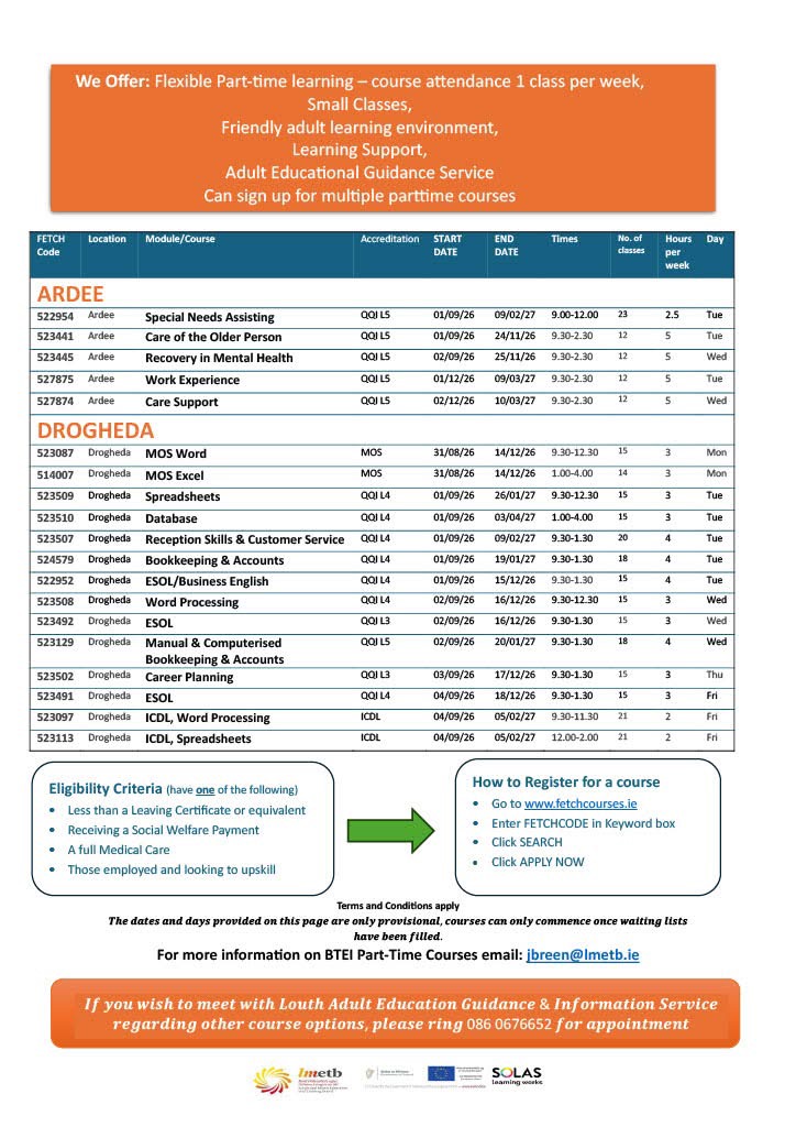 BTEI Autumn 2026 Courses Ardee and Drogheda