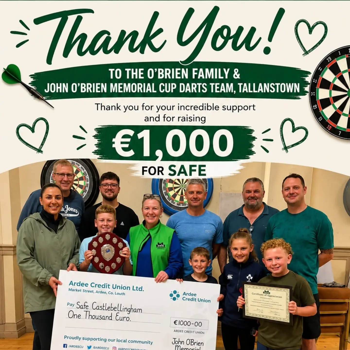 John O'Brien Memorial Cup Darts Team Cheque Presentation
