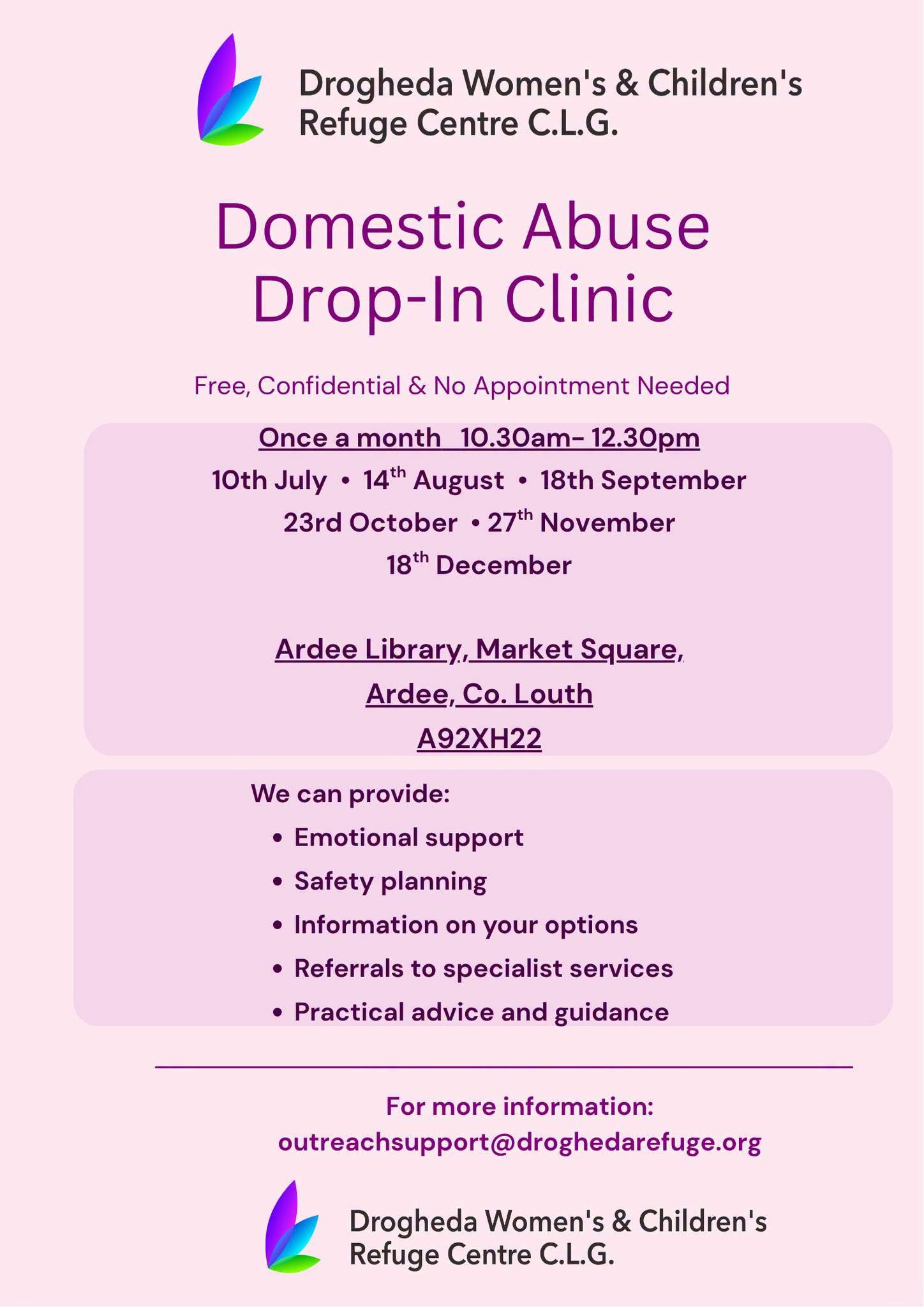 Drogheda Women's & Children's Refuge Centre Domestic Abuse Drop-In Clinic Flyer
